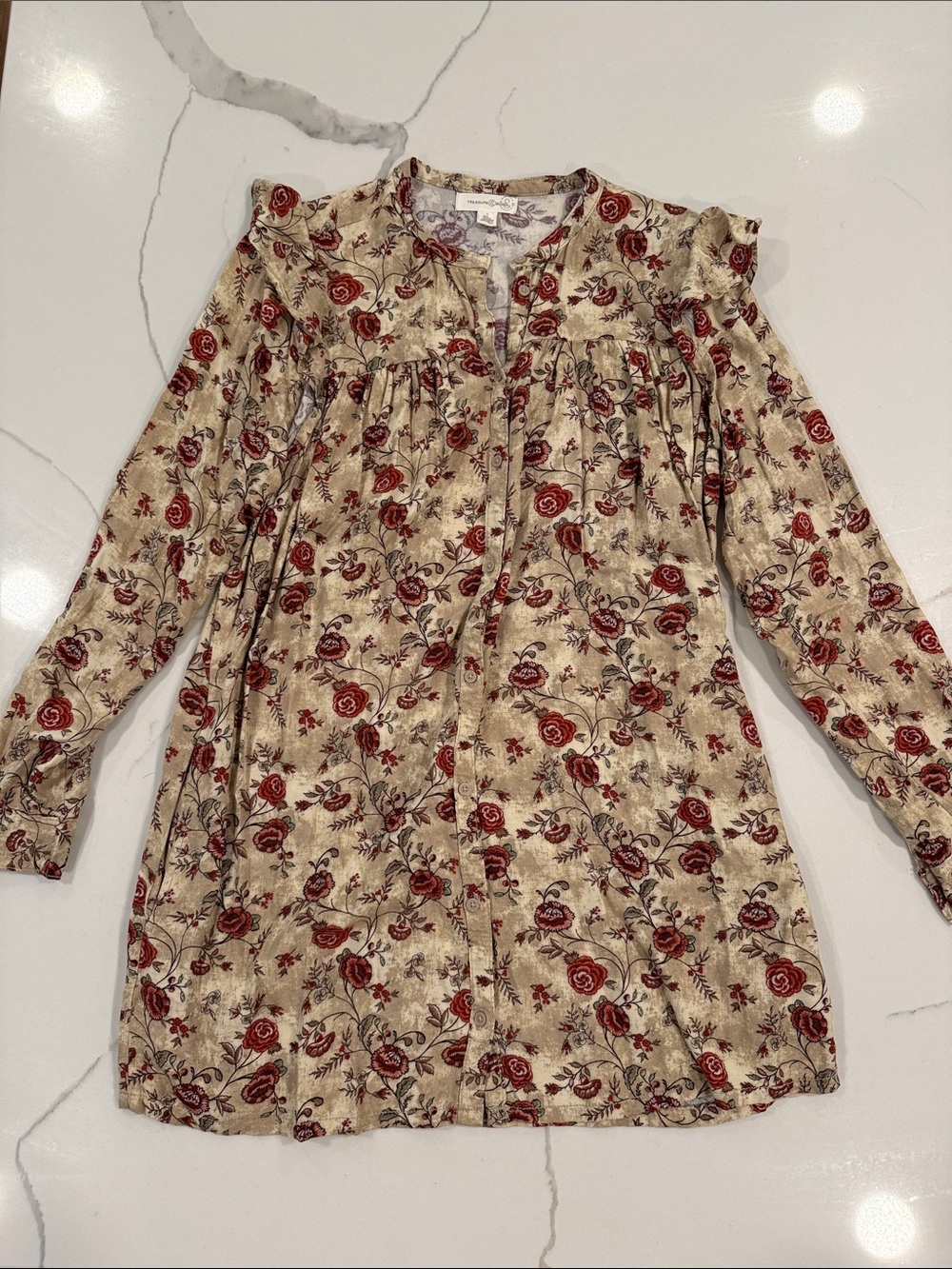 Treasure & Bon Floral Long-Sleeve Dress in Cream with Red Roses